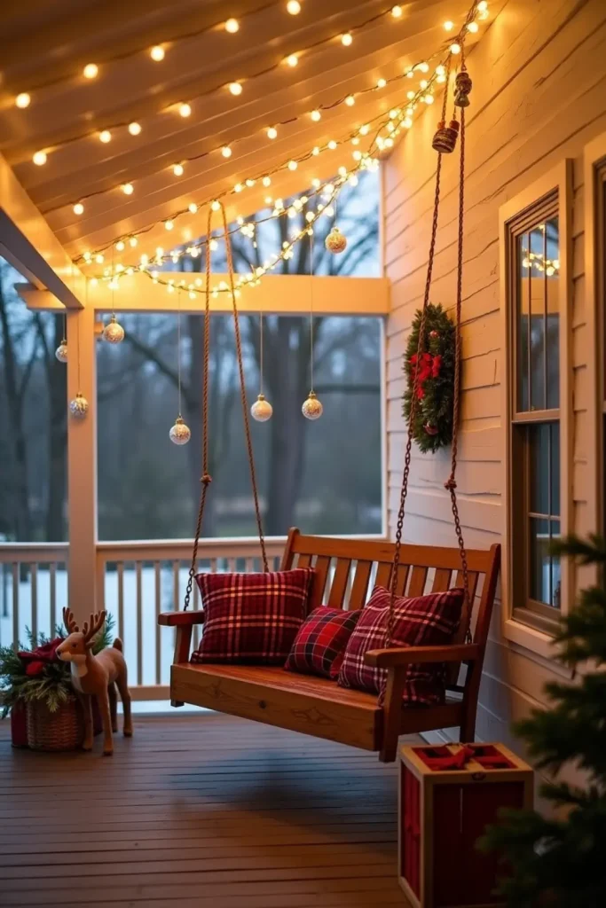 Covered porch with warm fairy lights, clear ornaments, plaid pillows, and plush reindeer decor.