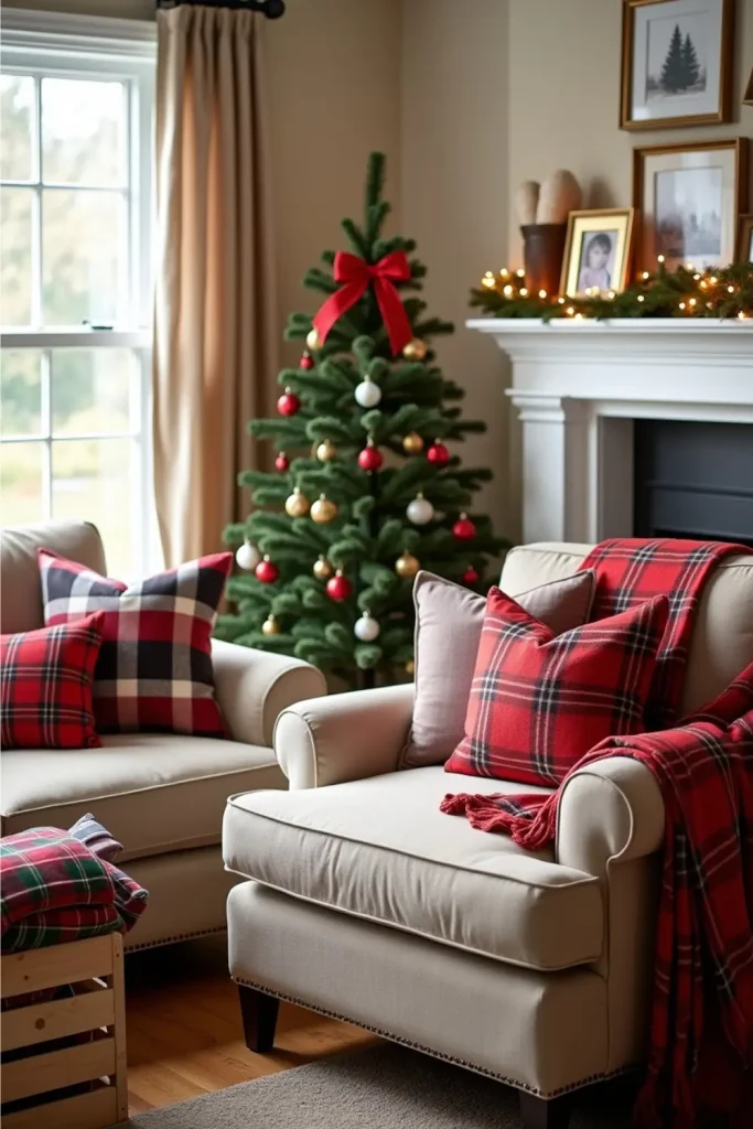 Cozy Christmas corner with red plaid throw, cedar accents, pillows, and blanket crate.