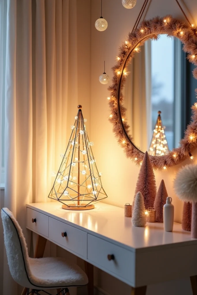 Modern Christmas corner with rose gold mirror garland, marble hanging balls, and geometric LED tree.