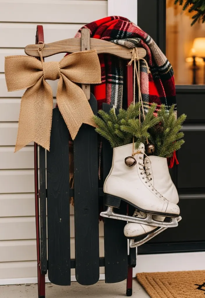 Matte black sled with burlap bow, vintage skates, pine bundles, and plaid blanket on rustic porch.