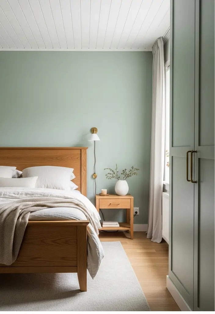 Sage green bedroom with oak bed, cream linen bedding, brass accents, and bright natural light.