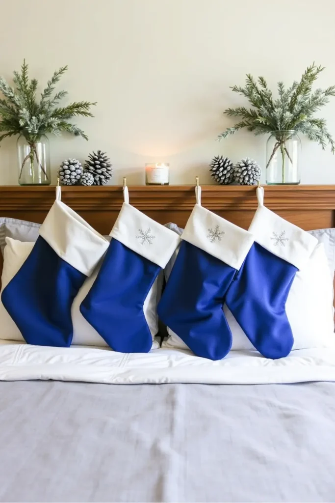 Cool-toned Christmas bedroom with sapphire stockings, silver pinecones, frosted eucalyptus, and votives.