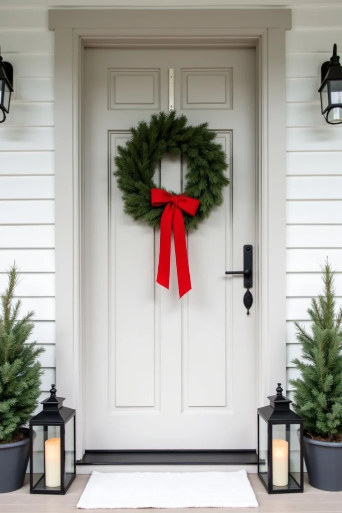 Scandi minimal Christmas porch with pine wreath, red ribbon, black lanterns, and clean white mat.