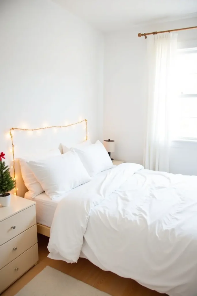 Minimal white bedroom with twinkling lights, tiny potted pine, and single red bow for Christmas.