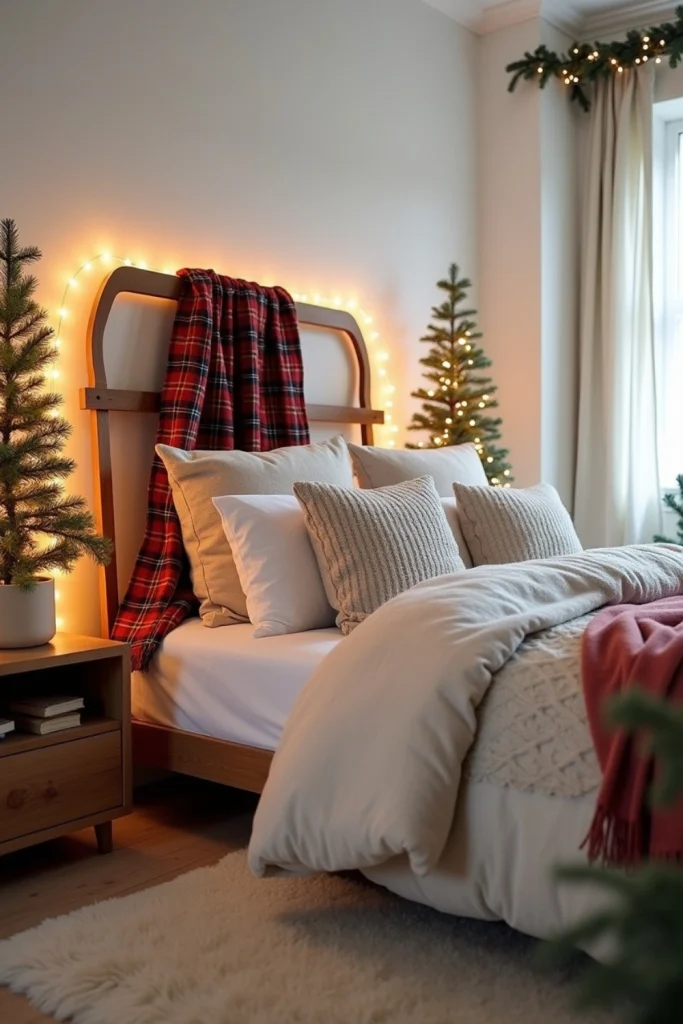 Retro Christmas bedroom with sled headboard, tartan scarves, bottle-brush trees, and warm fairy lights.