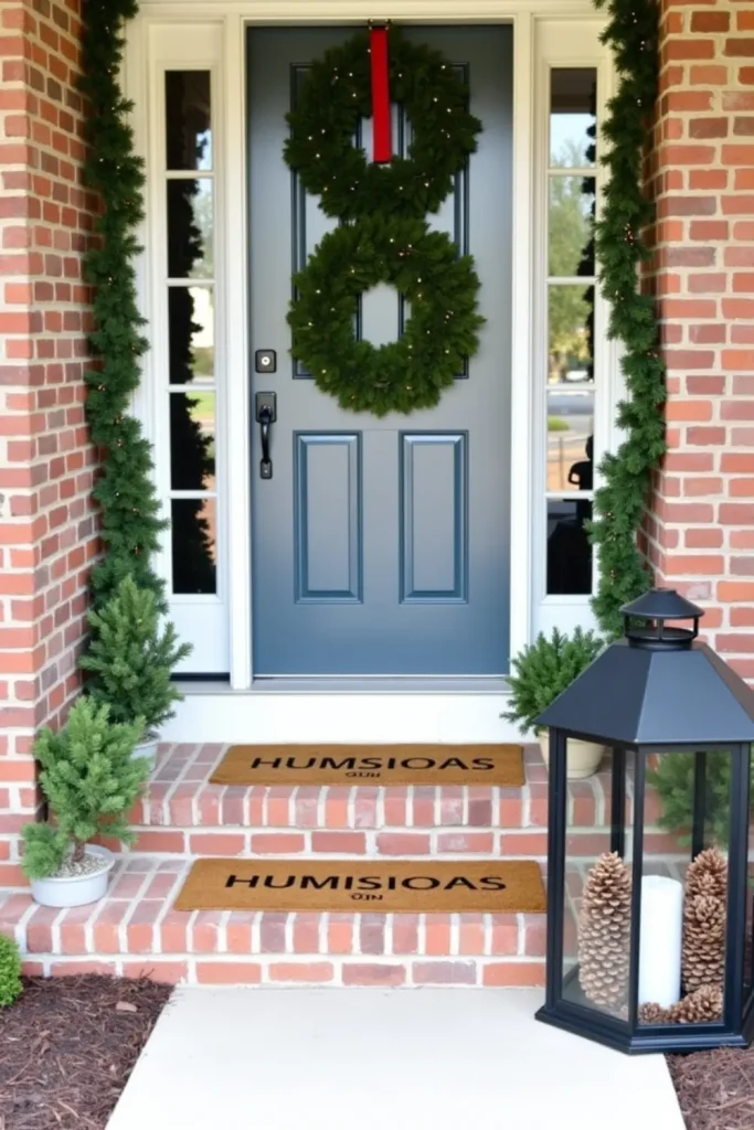 Small porch with three matching wreaths, layered holiday mats, and oversized black lantern with pinecones.
