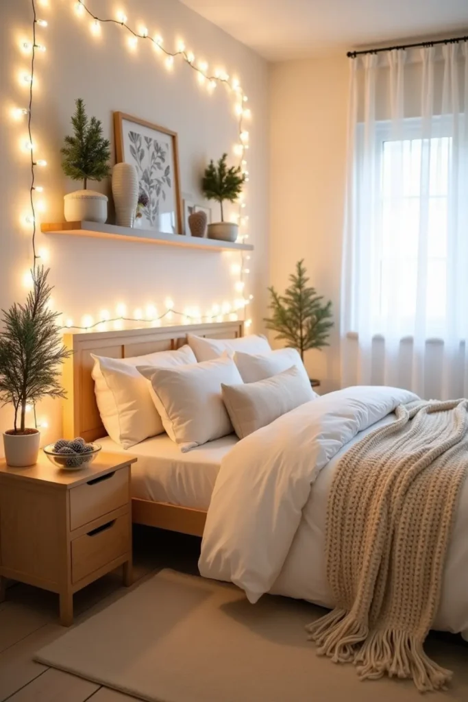 Cream bedroom with fairy lights, chunky knit throw, and frosted pinecones for cozy Christmas.