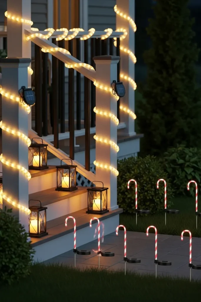 Solar-powered Christmas porch with rope lights, lanterns, and candy cane stakes glowing warmly