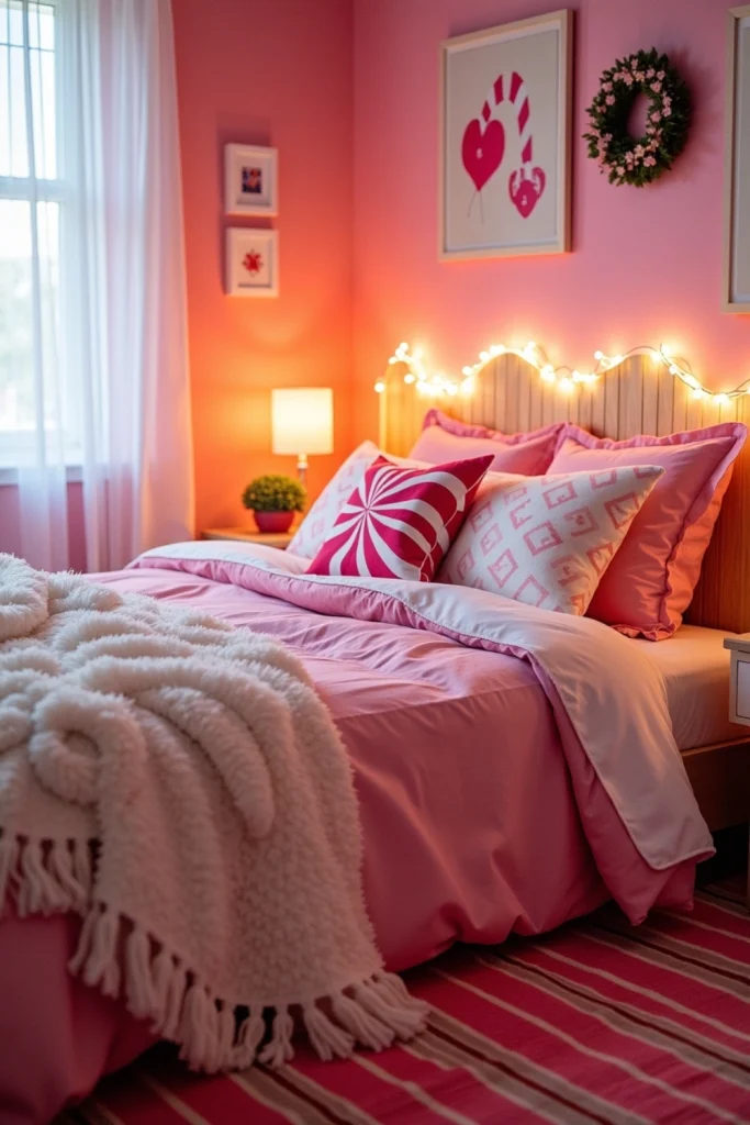 Playful Christmas bedroom with striped rug, peppermint pillows, and gumdrop headboard lights.