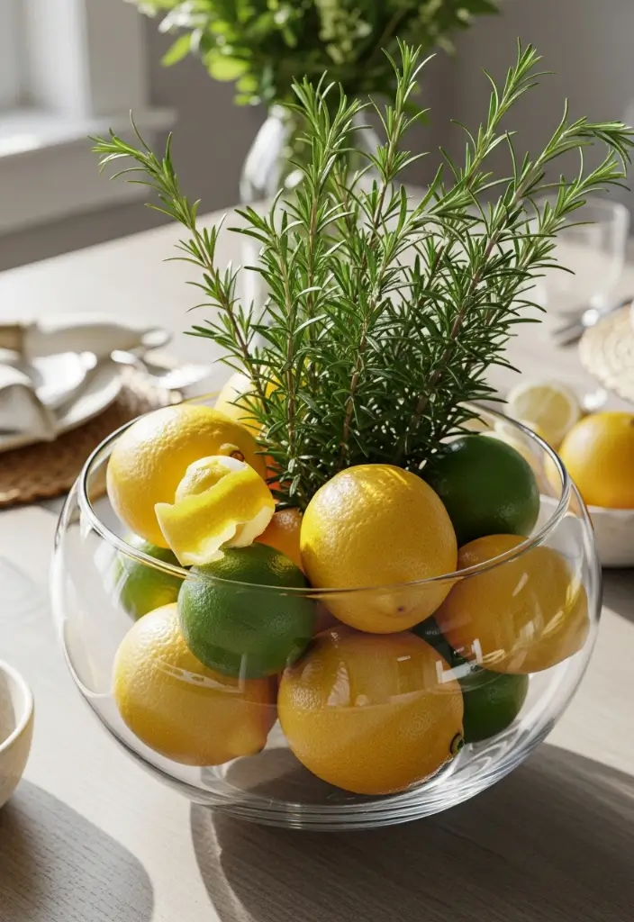 Summer dining table with glass bowl overflowing with lemons, limes, and fresh rosemary bundles