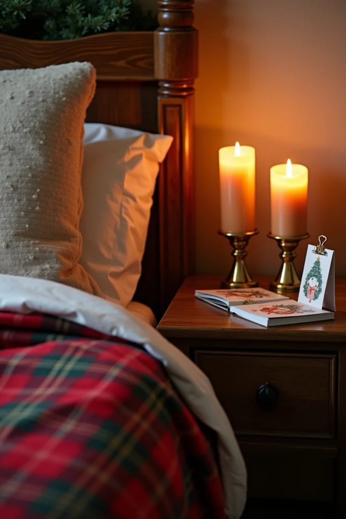 Cozy Christmas bedroom with tartan duvet, caramel brass candles, and gold holiday card clips.