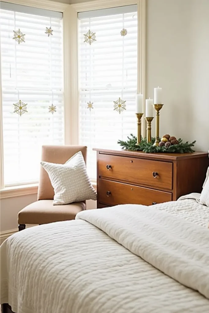 Cozy Christmas bedroom with thrifted brass, paper snowflakes, red ribbon, and pinecone decor.