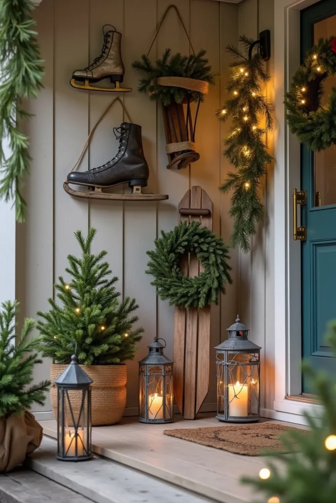 Vintage Christmas porch with thrifted ice skates, wooden sled, wreath, and burlap-wrapped lanterns