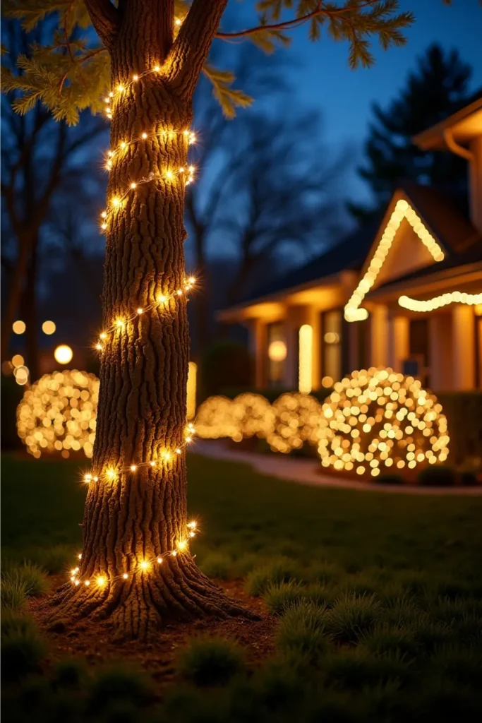 Christmas trees and bushes wrapped in warm white lights with house outline softly glowing