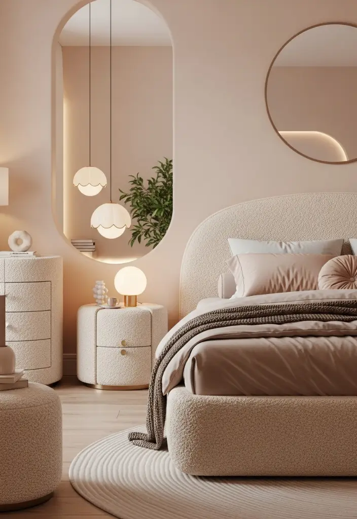 Curved headboard bedroom with boucle fabrics, scalloped lamps, round mirror, pastel palette.