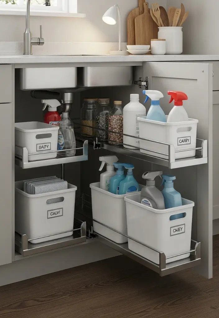 Under-sink sliding shelves with labeled waterproof bins holding cleaning supplies in compact kitchen.