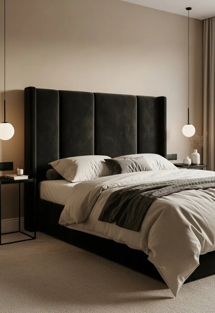 Bedroom with tall black velvet headboard, beige walls, cream linen bedding, and black side tables