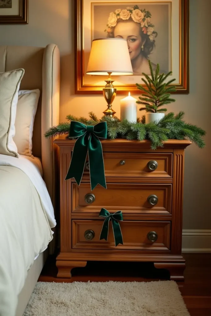 Traditional bedroom with emerald velvet bows, gold frames, and pine candle for cozy Christmas warmth.