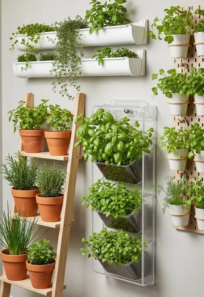 Vertical gardening hacks with ladder shelf, over-door organizer, gutter planters, and pegboard herbs.