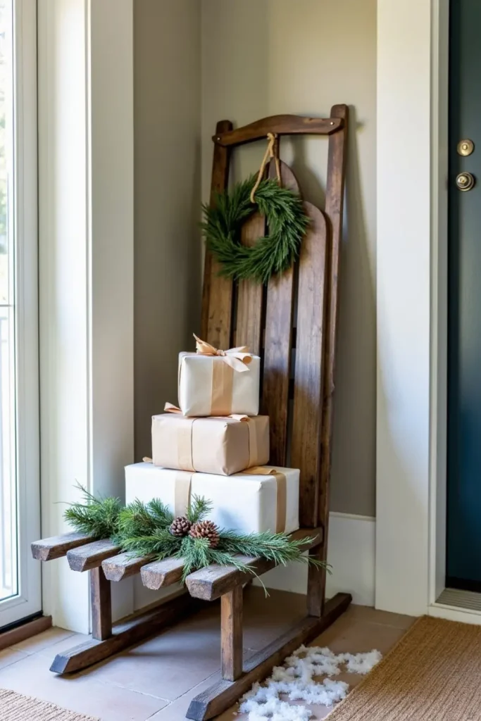 Vintage wooden sled leaned against wall with faux gifts, pine sprigs, bells, and mini wreath.