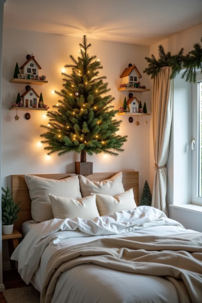 Compact bedroom with wall-mounted half-tree, mini houses, magnetic ornaments, and vertical lights.