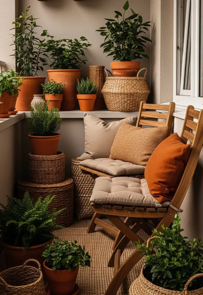 Small balcony with terracotta pots, wooden folding chairs, warm cushions, woven baskets, and plants.