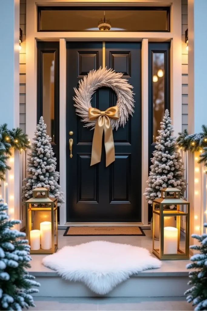 Elegant white and gold Christmas porch with flocked wreath, lanterns, and warm fairy lights glow.