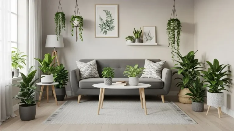 Small living room styled with layered indoor plants, maximizing greenery impact in a tiny space.