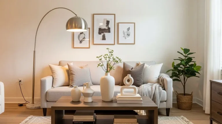 “Chic apartment with neutral sofa, plush pillows, floor lamp, décor accents, light wood floors, and plants.”