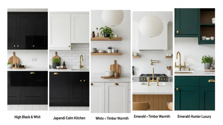 “Medium-close view of a modern kitchen showcasing a blend of 2025 kitchen trends: Japandi-style minimal cabinets, a moody dark island, bright white upper cabinets with timber countertops, and subtle LED under-cabinet lighting. Matte black and brass hardware accents mix with warm wood textures. A few potted plants and stylish kitchenware add livable touches. Soft natural light from windows balances ambient and accent lighting. Style blends Japandi + Modern Industrial 2025 trends: layered textures, mixed tones, functional storage, and Pinterest-ready composition for compact or spacious kitchens.”