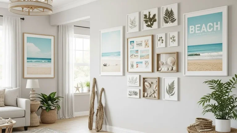 Beach house wall art display with shells, ocean prints, and coastal décor, bright and airy room.