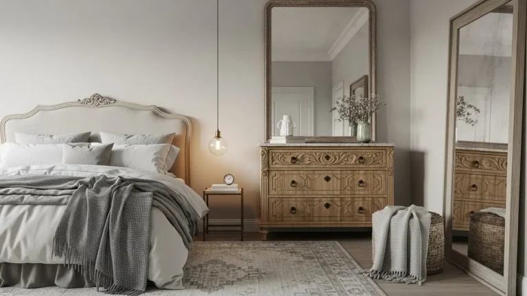 “Modern vintage bedroom with antique furniture, layered linens, neutral walls, soft pastel accents, cozy vibe.”