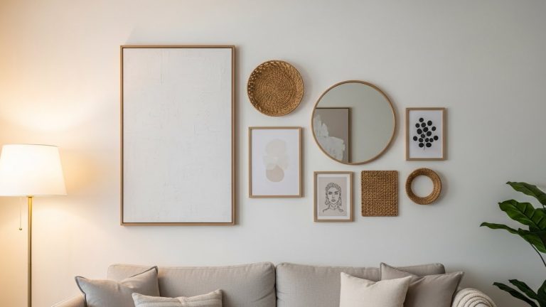 “Living room wall with oversized art, small gallery, woven accents, neutral sofa, floor lamp, layered décor.”