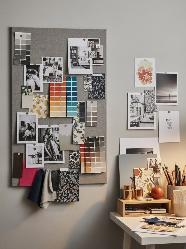 Maximalist mood board with fabric swatches, paint chips, photos, and layered colorful inspiration pins.