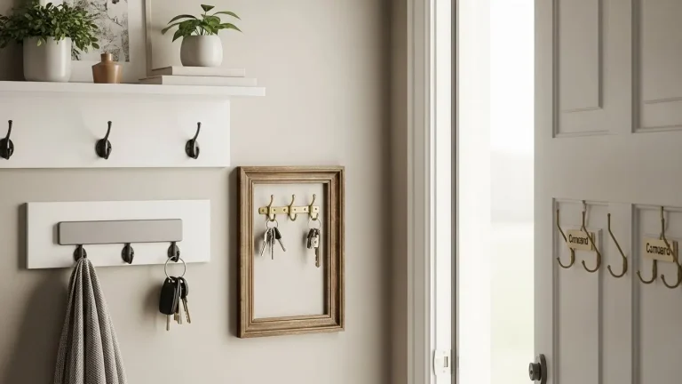 “Entryway with floating shelf, magnetic bar, vintage frame, and command hooks, organized and stylish.”