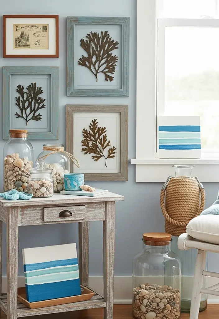 Budget beach room décor with framed postcards, pressed seaweed, and DIY coastal accents.