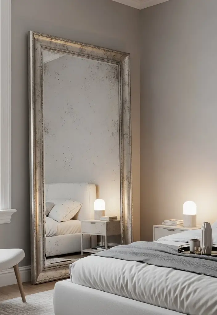 Bedroom with large antique mirror leaning opposite window, soft walls, vintage charm, and cozy lighting.