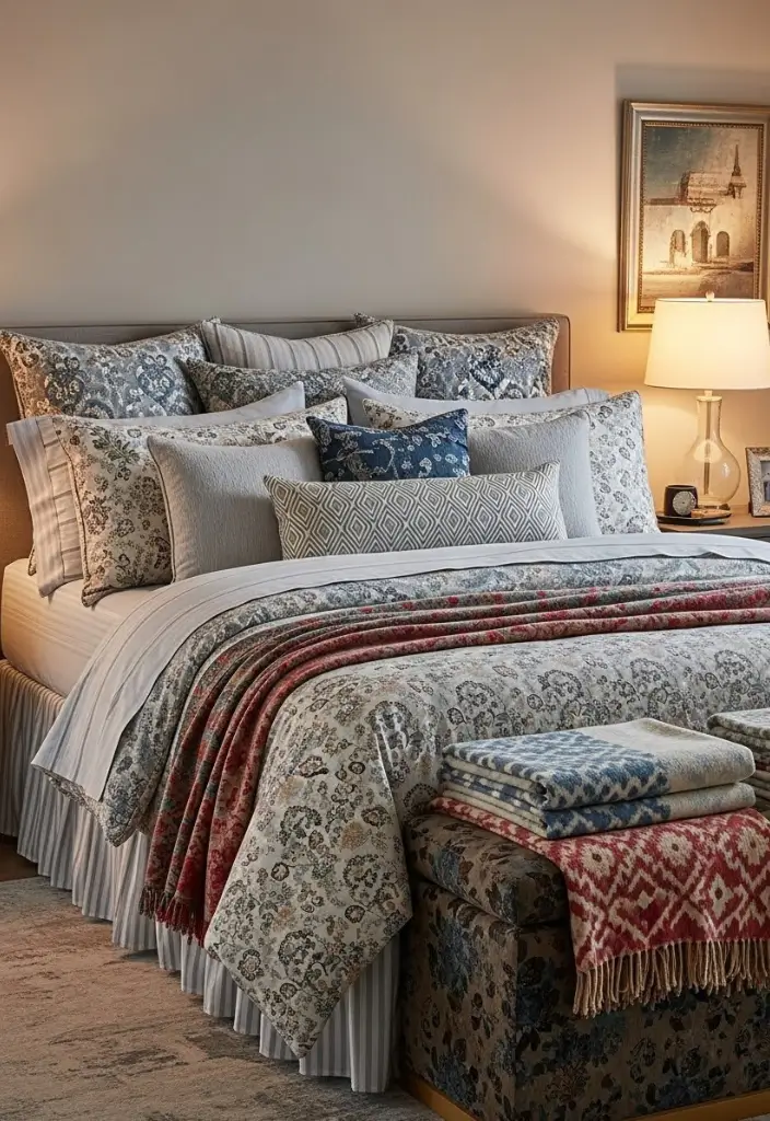 Eclectic bedroom with layered patterned bedding, contrasting sheets, multiple pillows, and throws at foot.