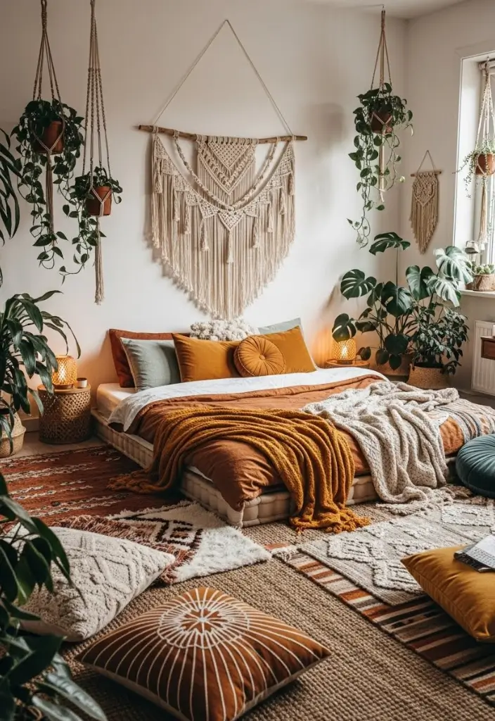 Boho maximalist bedroom with low bed, macramé, layered rugs, floor pillows, and lush plants in corners.