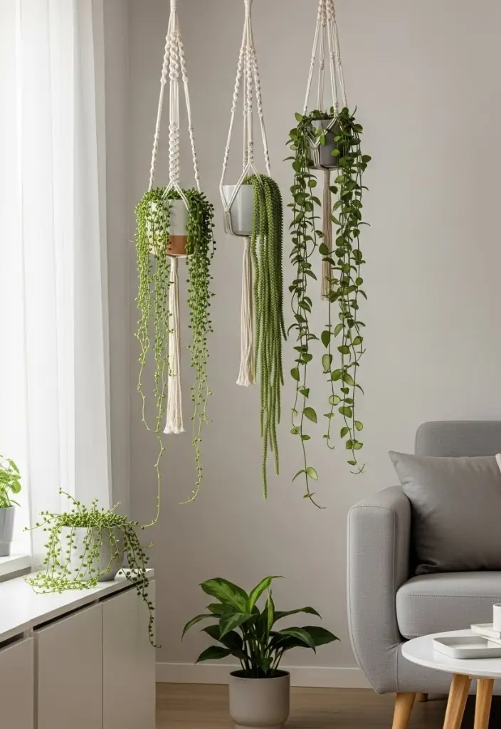 Living room with hanging plants—string of pearls, burro’s tail, trailing hoya—macramé holders.