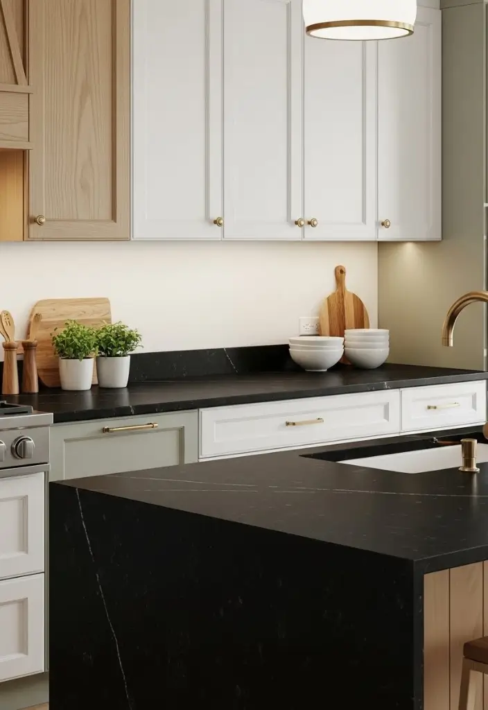 Kitchen with black granite countertop, oak and white cabinets, brass faucet, and sleek modern styling.