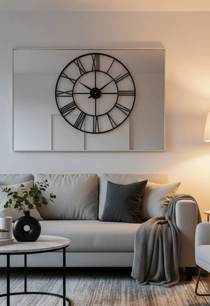 “Living room with oversized mirror or canvas centered at eye level, sofa, rug, floor lamp, minimal décor.”