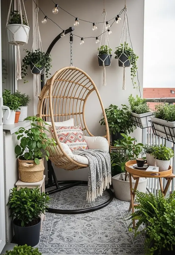 Boho balcony with hanging rattan chair, layered plants, solar string lights, and outdoor rug.