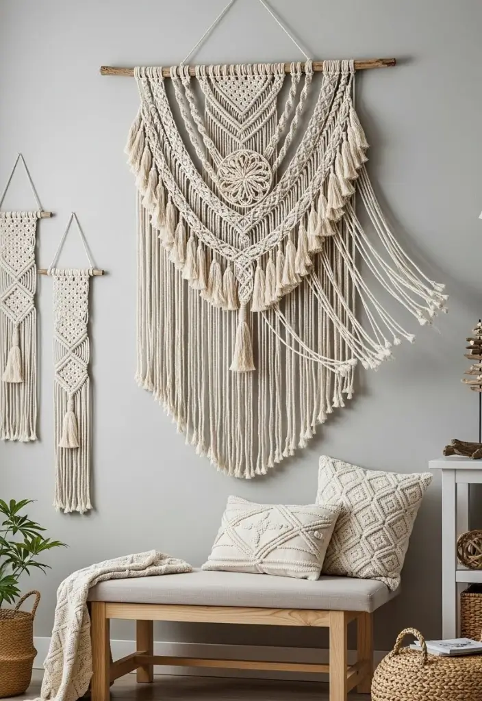 Boho macramé wall hanging with shells over console, cozy beach-style texture and airy fringe.