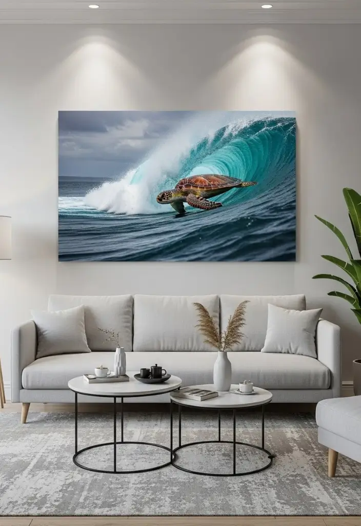 Living room with oversized wall art above sofa, bold statement piece dominates minimalist décor.
