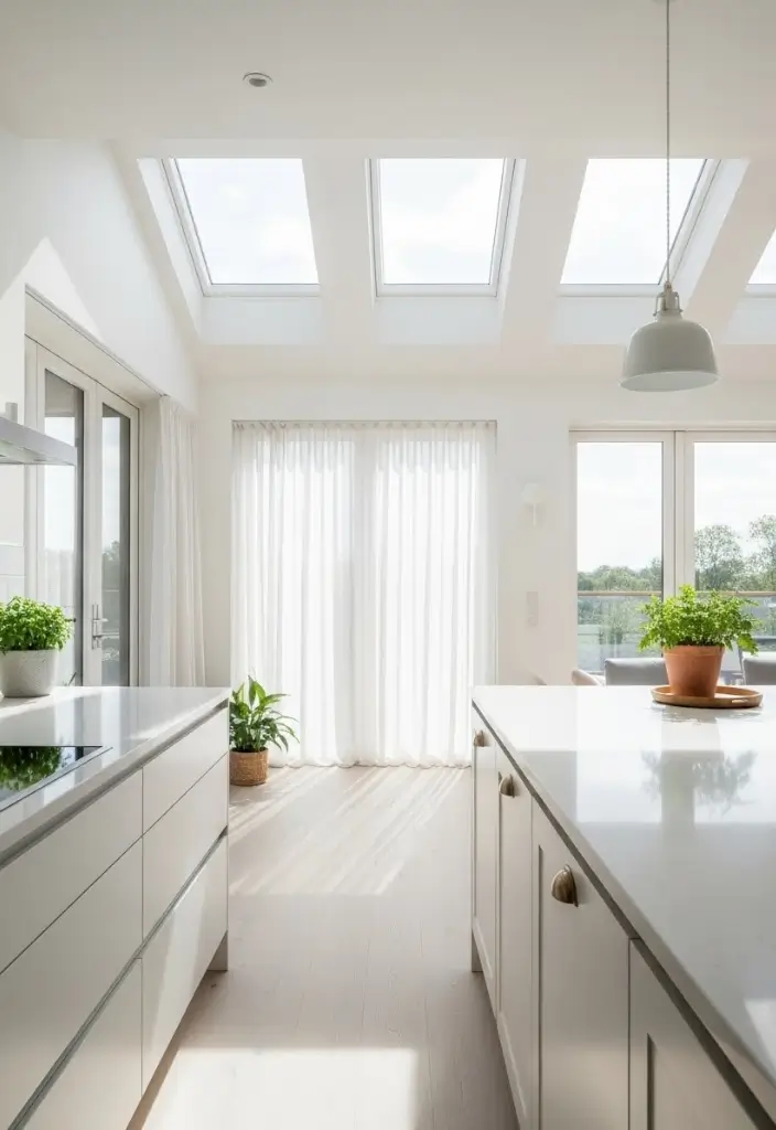“Bright kitchen with floor-to-ceiling windows, pale floors, white walls, quartz counters, sheer curtains.”