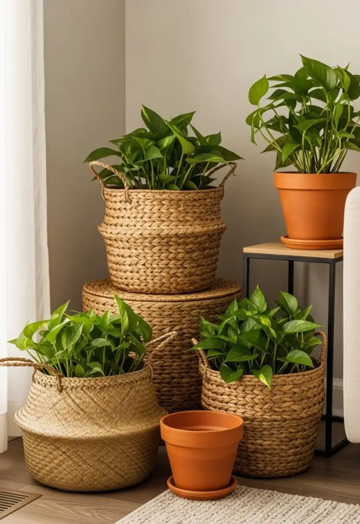 “Pothos and other plants in ceramic pots and woven baskets, cozy living room, budget-friendly chic look.”