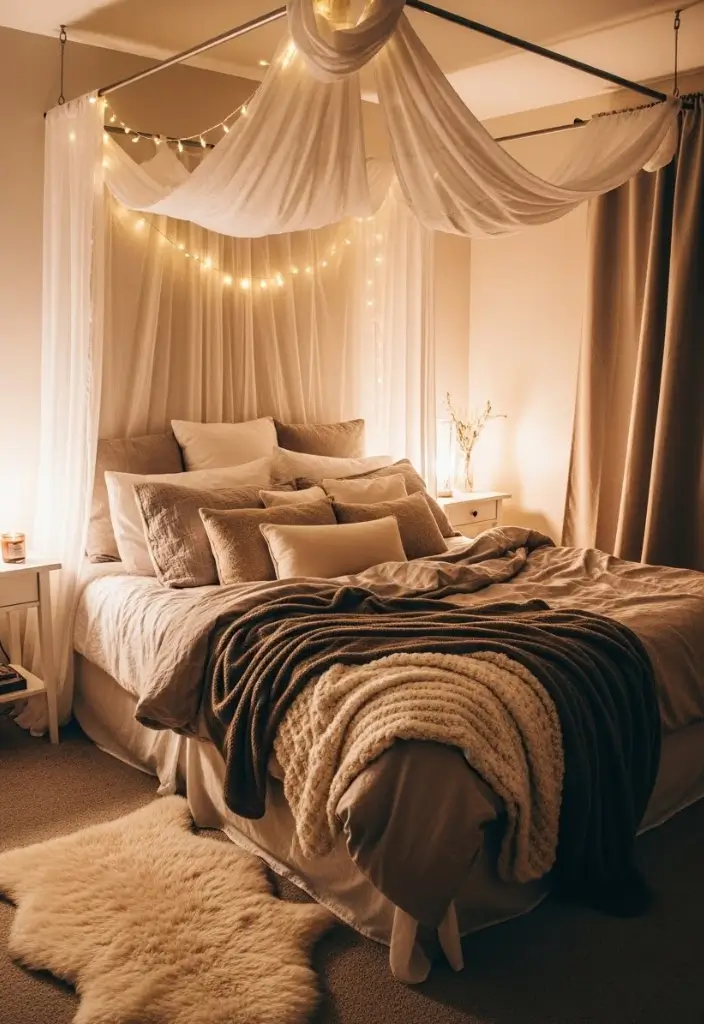 Layered cozy bedroom with canopy, fairy lights, plush bedding, and a faux sheepskin rug in a small apartment.