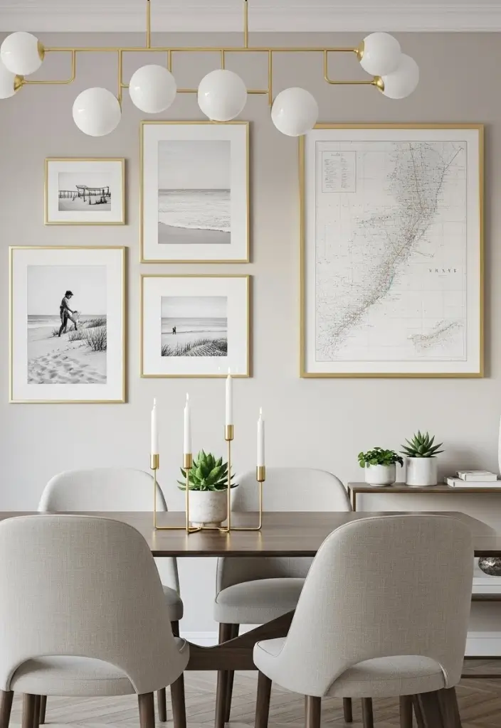 Dining wall with beach photos in thin gold frames, classy coastal décor, elegant and timeless.