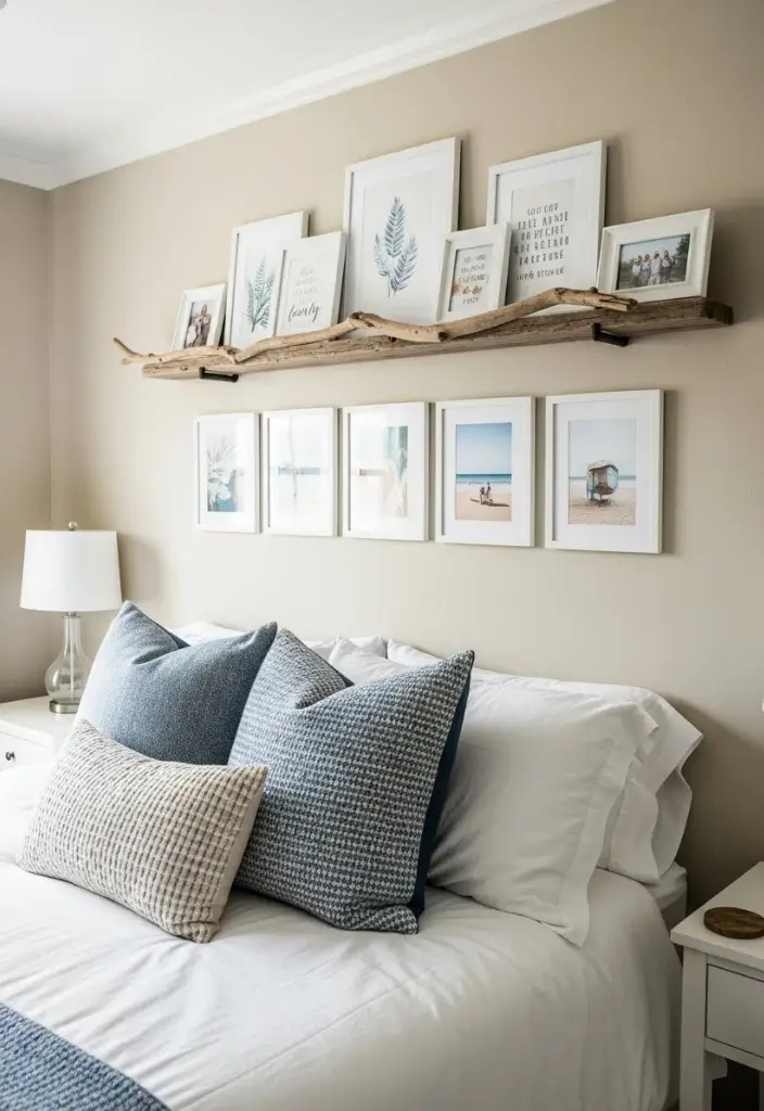“Coastal bedroom gallery wall above bed with driftwood shelf and framed prints, relaxed vibe.”
